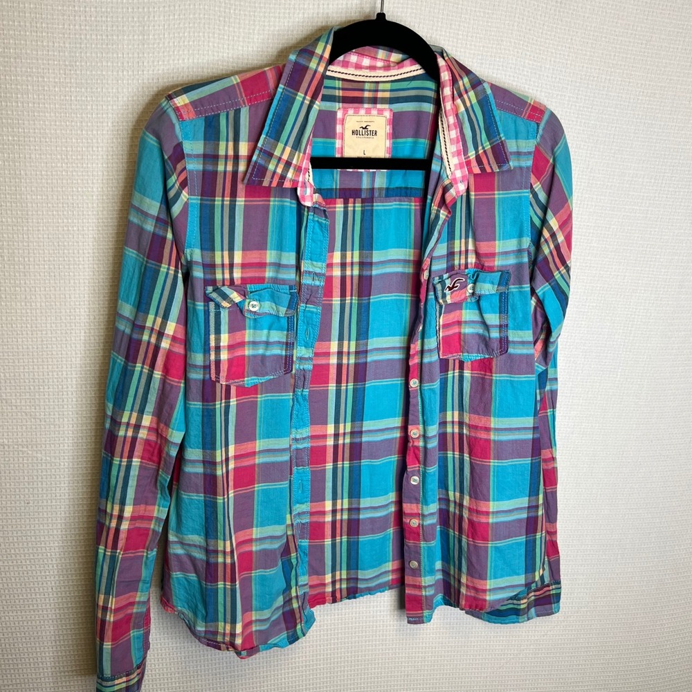 Hollister Womens Plaid Button Down Shirt Blue Pink Long Sleeve Cotton Large